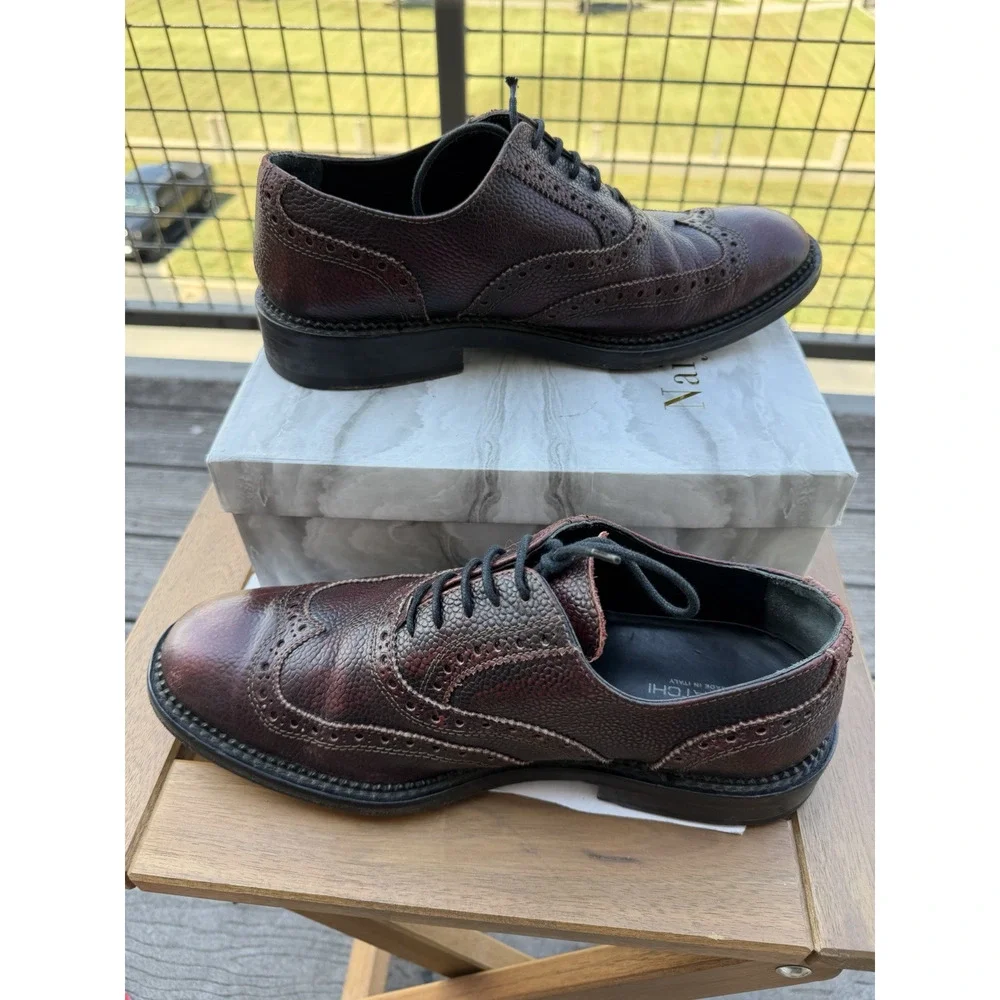 Bugatchi Italy Oxford Burgundy Leather Wingtip Almond Toe Lace Up Shoes Size 8